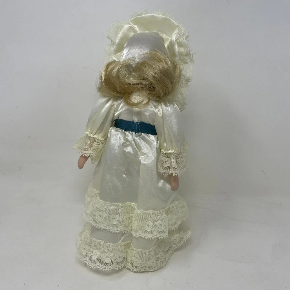 Vintage Porcelain Collector Doll 11.5 Inch Ivory Lace Satin Gown with Stand